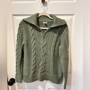 L.L. Bean Olive Cable Knit Sweater with Zip Collar